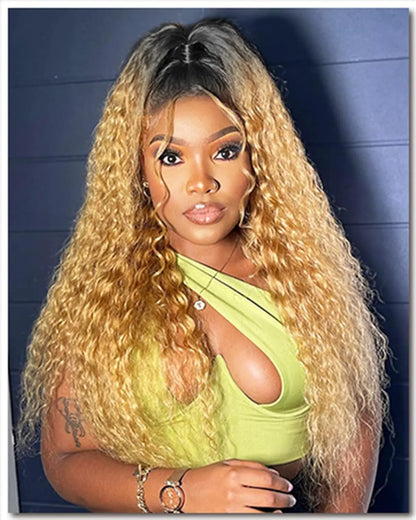 Omber Brown 27 Deep Wave Lace Front Wigs Human Hair Colored Lace Frontal Wig for Women 4X4 HD Lace Blonde Curly Wig Human Hair Pre Plucked with Baby Hair 200% Density