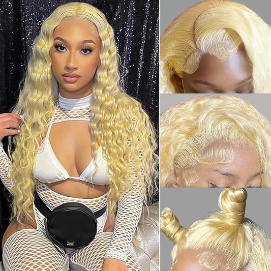 Lace Front Wig Human Hair 613 13X4 Transparent Lace Deep Wave 180 Density Free Part Blonde Lace Front Wigs Human Hair Pre Plucked Lace Frontal Wig for Women(22Inch)