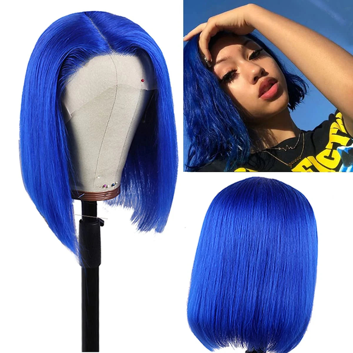 Colored Wigs Blue Bob Wigs Lace Frontal Wigs Human Hair Wigs for Women 13X4 Lace Front Wigs Brazilian Virgin Hair Short Straight Bob Wigs Cosplay