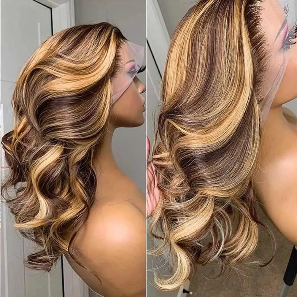 Highlight 13X4 Lace Front Wigs Human Hair Ombre 4/27 Honey Blonde Frontal Wigs Pre Plucked with Baby Hair Body Wave Wigs Human Hair Wigs for Black Women 150% Density Colored 24 Inch