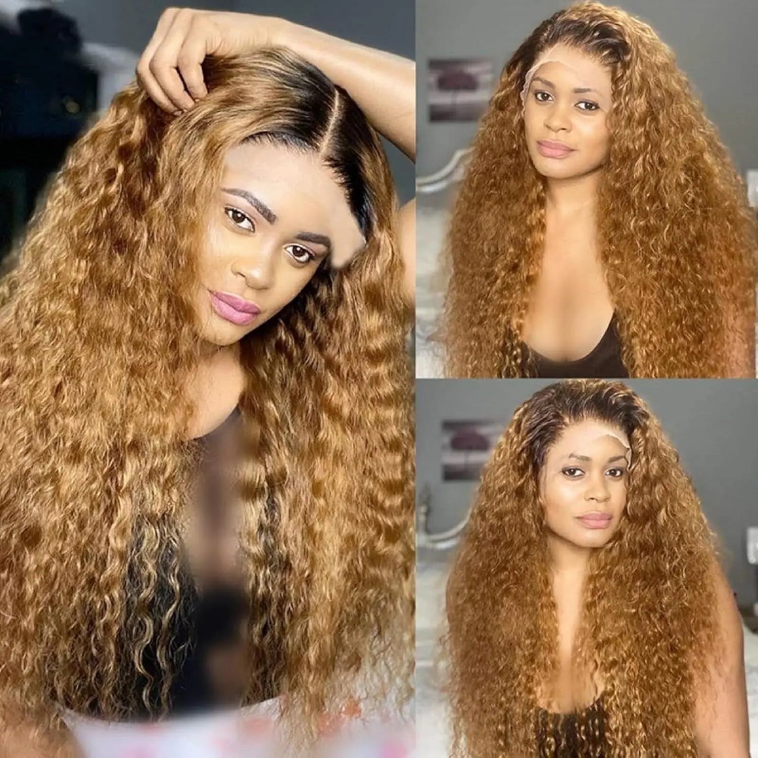 Light Brown 27 Curly Human Hair Wig Lace Frontal Closure Jerry Wave Human Hair Wig Pre Plucked Pre Cut Lace Frontal Closure Glueless Wigs Elastic Band 200% Density