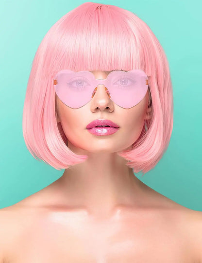 Pink Wig and Party Sunglasses, Pink Wigs for Women, Pink Wig with Bangs, Light Pink Wig, Pink Bob Wig, Pink Cosplay Wigs and Party Wigs - Bachelorette Party Wigs Decorations Favors