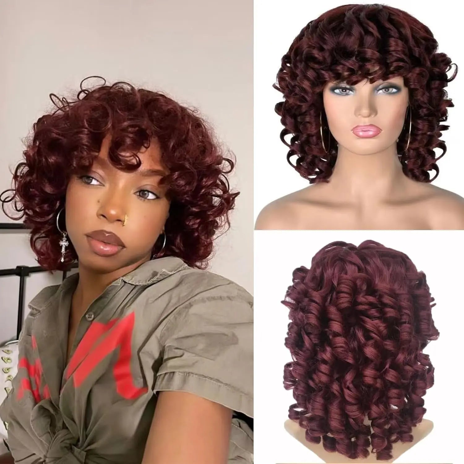 Curly Wigs for Black Women Short Loose Curly Wigs for Black Women Short Curly Wigs for Black Women Big Curly Afro Wig for Black Women with Bangs Heat Resistant Hair Replacement Wigs for Women(99J)