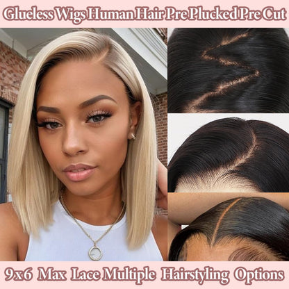 Human Hair Glueless Bob Wig, 9X6 HD Lace Front, 10 Inch Honey Blonde, 210% Density