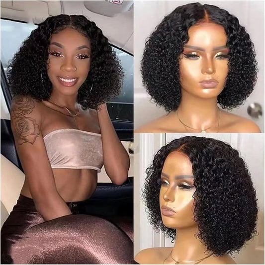 Glue-Free Pre-Cut 4X4 Lace Front Wig Female Human Hair Glue-Free 180% Density Water Bob Wig Beginner Curly Front Wig (14 ")