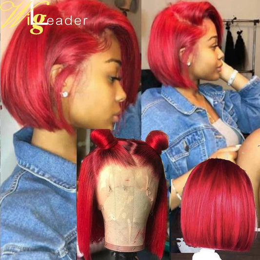 Summer Short Red Bob Human Hair Lace Front Wigs Preplucked 13X6 Lace Frontal Wigs Free Part Remy Hair Wigs with Baby Hair