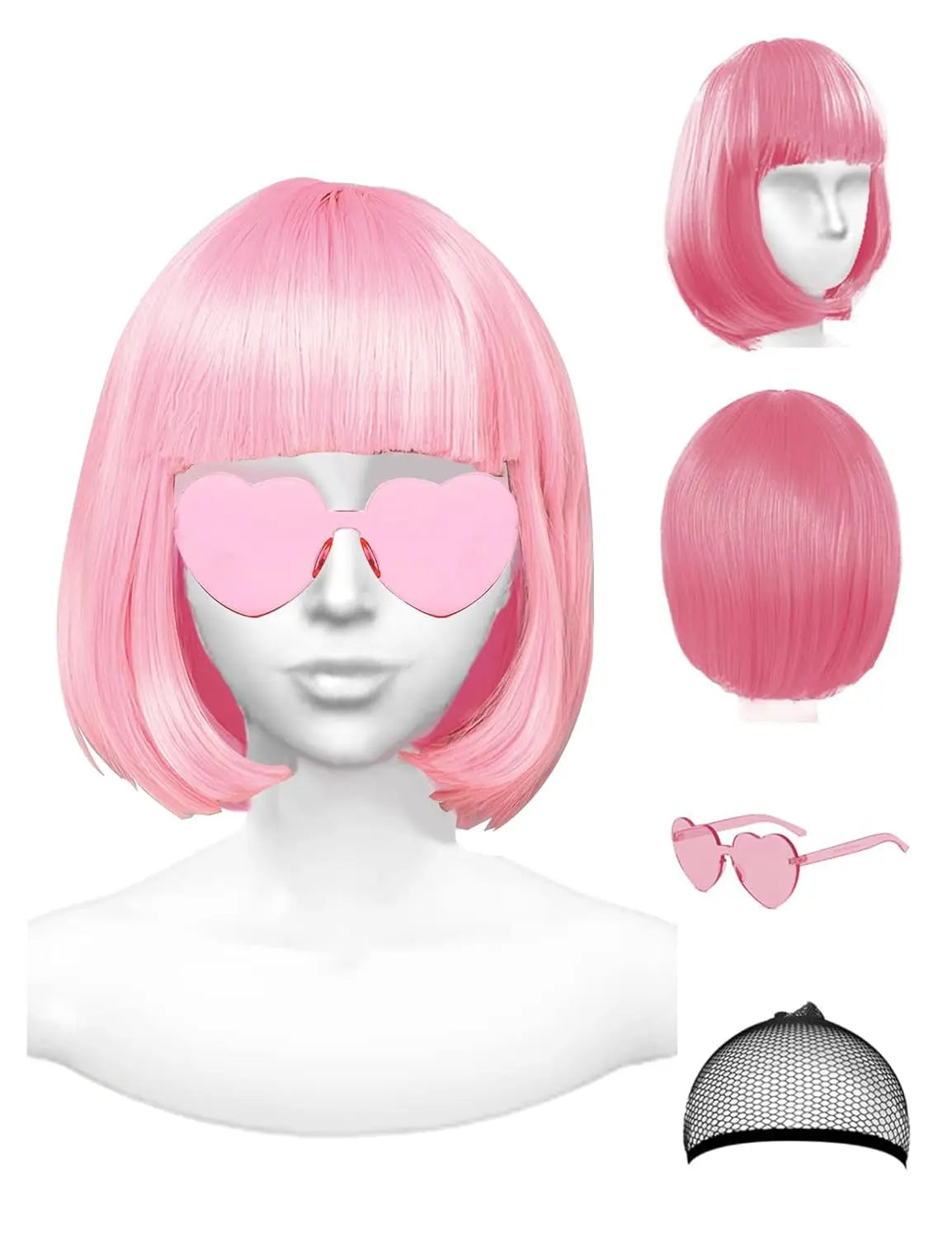 Pink Wig and Party Sunglasses, Pink Wigs for Women, Pink Wig with Bangs, Light Pink Wig, Pink Bob Wig, Pink Cosplay Wigs and Party Wigs - Bachelorette Party Wigs Decorations Favors