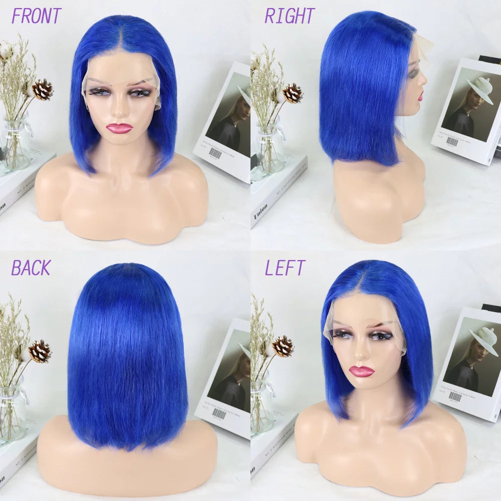 Colored Wigs Blue Bob Wigs Lace Frontal Wigs Human Hair Wigs for Women 13X4 Lace Front Wigs Brazilian Virgin Hair Short Straight Bob Wigs Cosplay