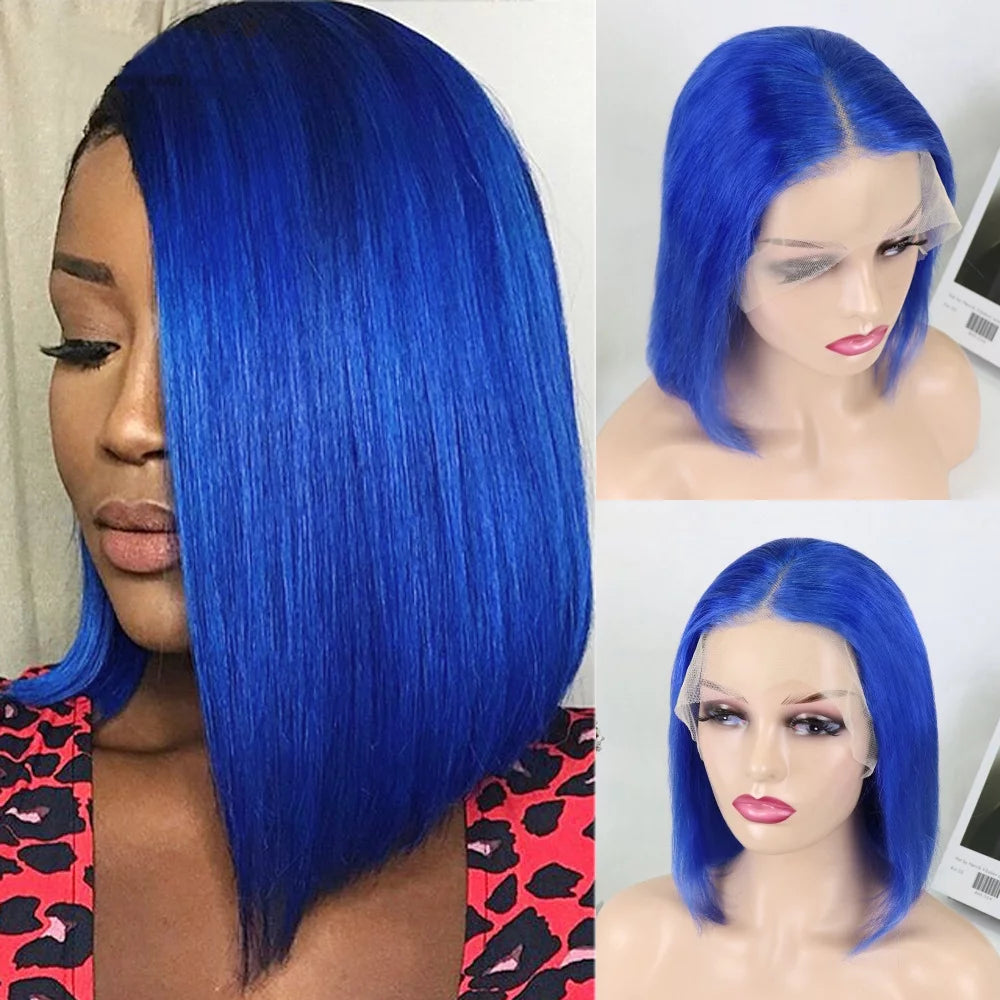 Colored Wigs Blue Bob Wigs Lace Frontal Wigs Human Hair Wigs for Women 13X4 Lace Front Wigs Brazilian Virgin Hair Short Straight Bob Wigs Cosplay