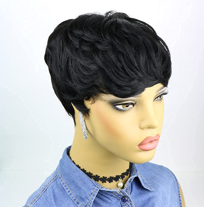 Short Human Hair Pixie Wigs Pixie Cut Short Black Wavy Wigs Layered Short Human Hair Wigs for Black Women African American Women Wigs (Black)