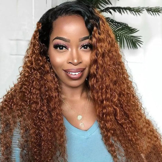 Omber Dark Brown 30 Jerry Curly Lace Front Wigs Human Hair Colored Lace Frontal Wig for Women 4X4 HD Lace Blonde Curly Wig Human Hair Pre Plucked with Baby Hair 200% Density