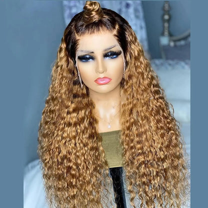 Omber Brown 27 Deep Wave Lace Front Wigs Human Hair Colored Lace Frontal Wig for Women 4X4 HD Lace Blonde Curly Wig Human Hair Pre Plucked with Baby Hair 200% Density