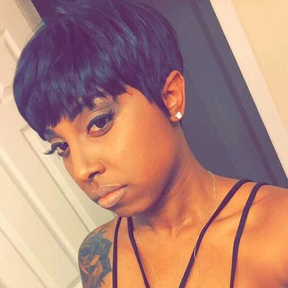 Short Human Hair Pixie Wigs Pixie Cut Short Black Wavy Wigs Layered Short Human Hair Wigs for Black Women African American Women Wigs (Black)