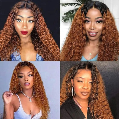 Omber Dark Brown 30 Jerry Curly Lace Front Wigs Human Hair Colored Lace Frontal Wig for Women 4X4 HD Lace Blonde Curly Wig Human Hair Pre Plucked with Baby Hair 200% Density