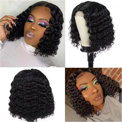 Glue-Free Pre-Cut 4X4 Lace Front Wig Female Human Hair Glue-Free 180% Density Water Bob Wig Beginner Curly Front Wig (14 ")