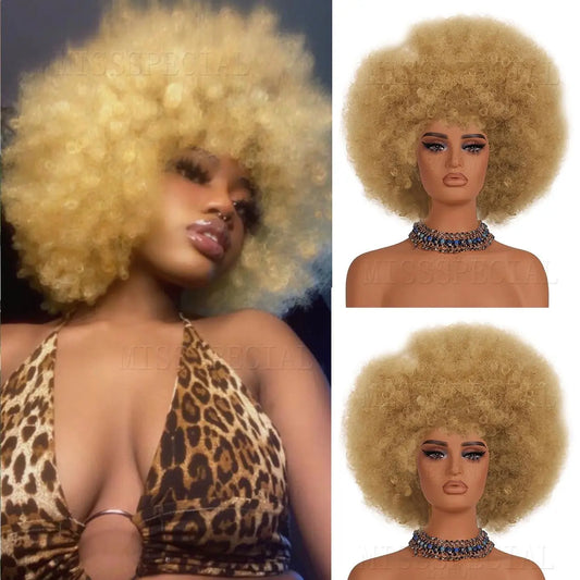 Afro Wig 70S Curly Wigs for Black Women Glueless Afro Wigs Large Bouncy and Soft Natural Looking Full Wigs Big Afro Puff Wig with Bangs Synthetic Hair Afro Wig for Daily (27#)