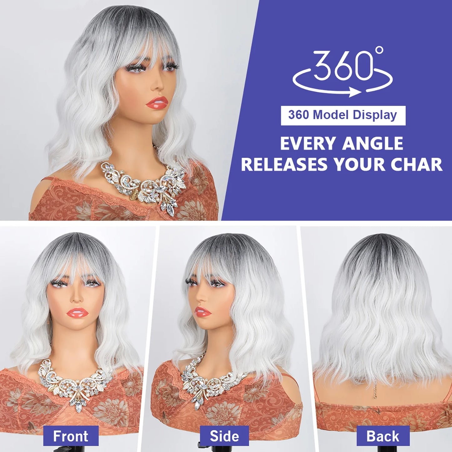 Curly Bob Wig for Women 12Inch Silver Grey Wig with Bangs