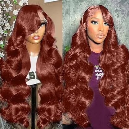 Reddish Brown HD Lace Front Wigs Human Hair, Auburn Lace Long Curly Wigs, Body Wave Wigs Glueless Human Hair Wigs, Large Wave Human Hair Wig Headcover, Women'S Long Curly Hair (27.5 Inch)