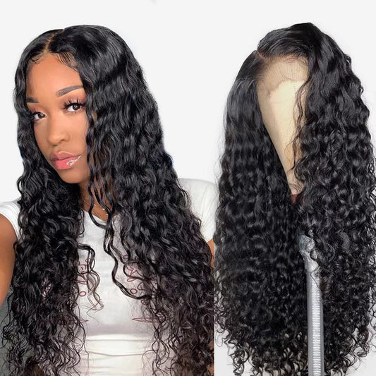 Deep Wave 13X4 T-Part Lace Front Wigs for Black Women Human Hair Pre Plucked Glueless Brazilian Virgin Hair 180% Density Bleached Knots Natural 16Inch