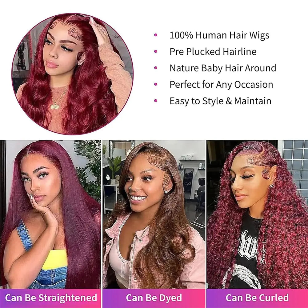 99J Burgundy Lace Front Wigs Human Hair Glueless Wigs Human Hair Pre Plucked with Baby Hair 22 Inch