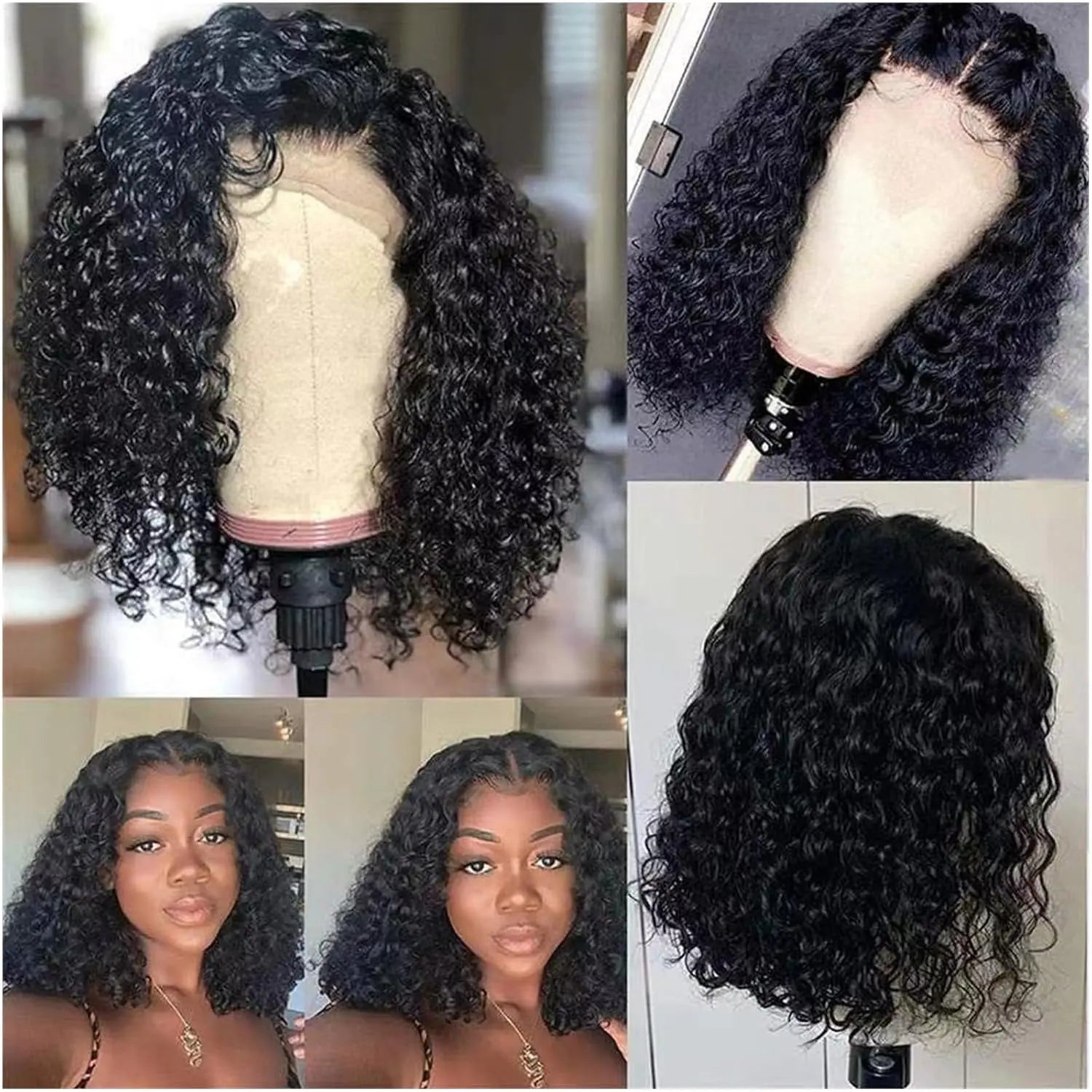 Glue-Free Pre-Cut 4X4 Lace Front Wig Female Human Hair Glue-Free 180% Density Water Bob Wig Beginner Curly Front Wig (14 ")