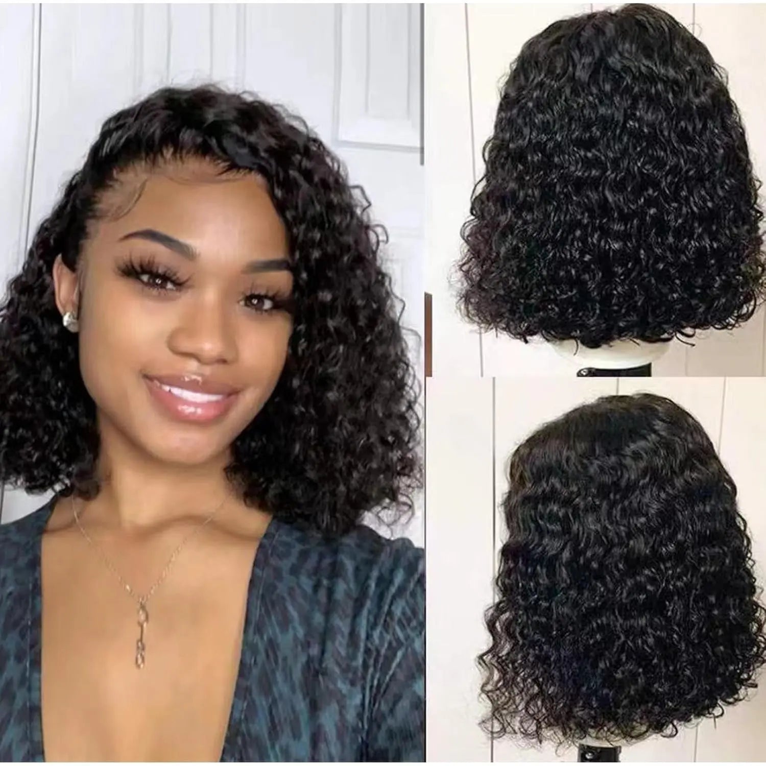 Glue-Free Pre-Cut 4X4 Lace Front Wig Female Human Hair Glue-Free 180% Density Water Bob Wig Beginner Curly Front Wig (14 ")