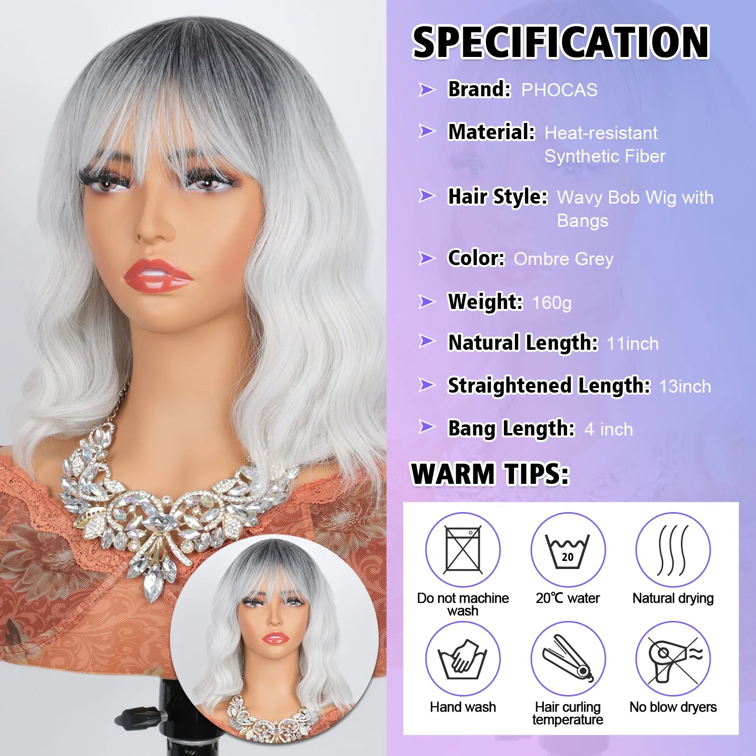 Curly Bob Wig for Women 12Inch Silver Grey Wig with Bangs