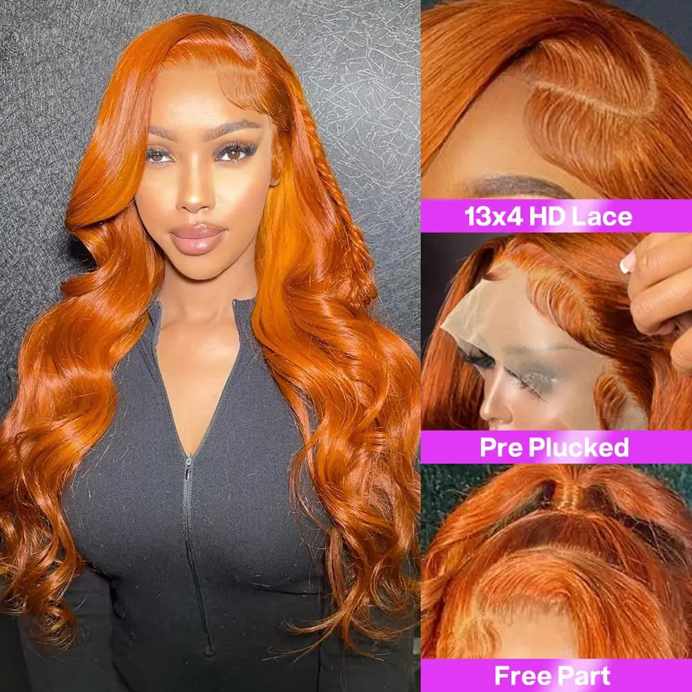 Orange Ginger Lace Front Wigs Human Hair Body Wave 13X4 HD Lace Frontal Wigs Human Hair Colored Wigs for Women (30 Inch, Orange Ginger)