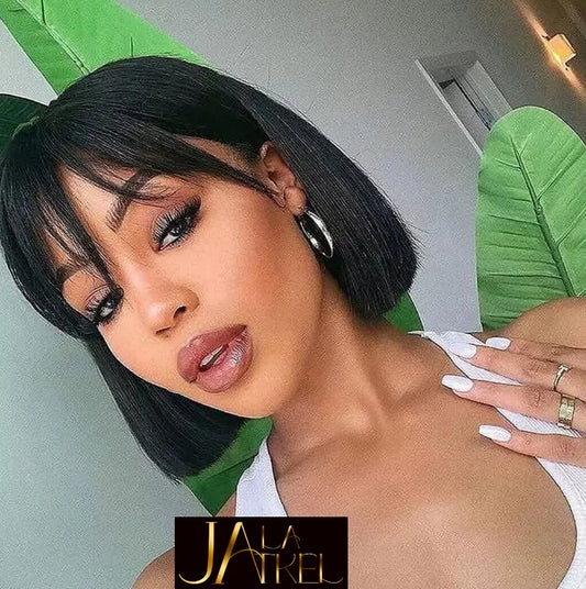 Bob Wig With Bangs Brazilian Straight Human Hair Lace Front 