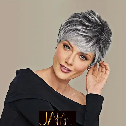 Grey Short Pixie Cut Wigs with Bangs Synthetic Grey Wigs With Wig Cap⭐️⭐️⭐️⭐️⭐️ Jay La Trel