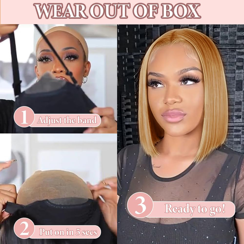 Human Hair Glueless Bob Wig, 9X6 HD Lace Front, 10 Inch Honey Blonde, 210% Density