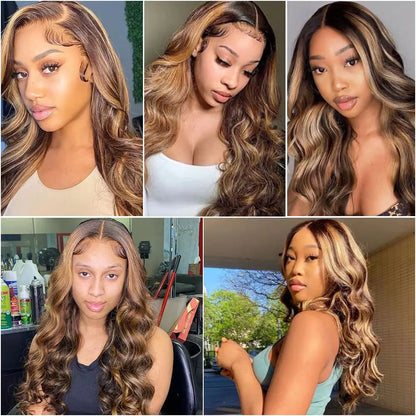 Highlight 13X4 Lace Front Wigs Human Hair Ombre 4/27 Honey Blonde Frontal Wigs Pre Plucked with Baby Hair Body Wave Wigs Human Hair Wigs for Black Women 150% Density Colored 24 Inch