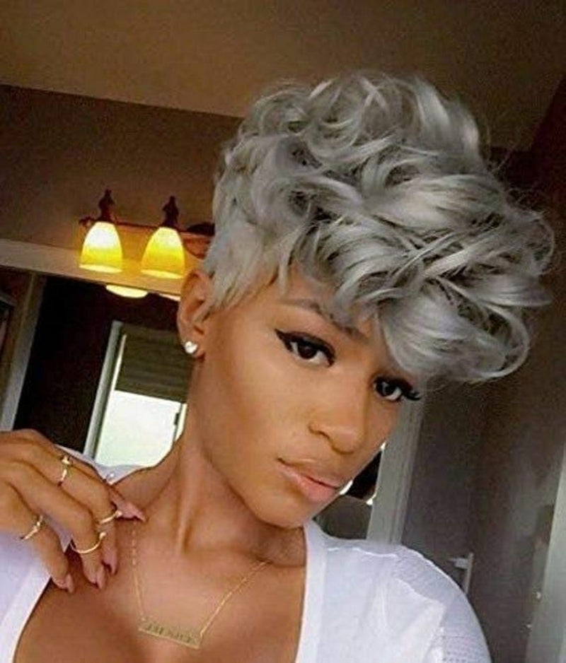 Short Gray Curly Wigs Pixie Cut Afro Wigs Short Wavy Wigs for Women Party Wigs