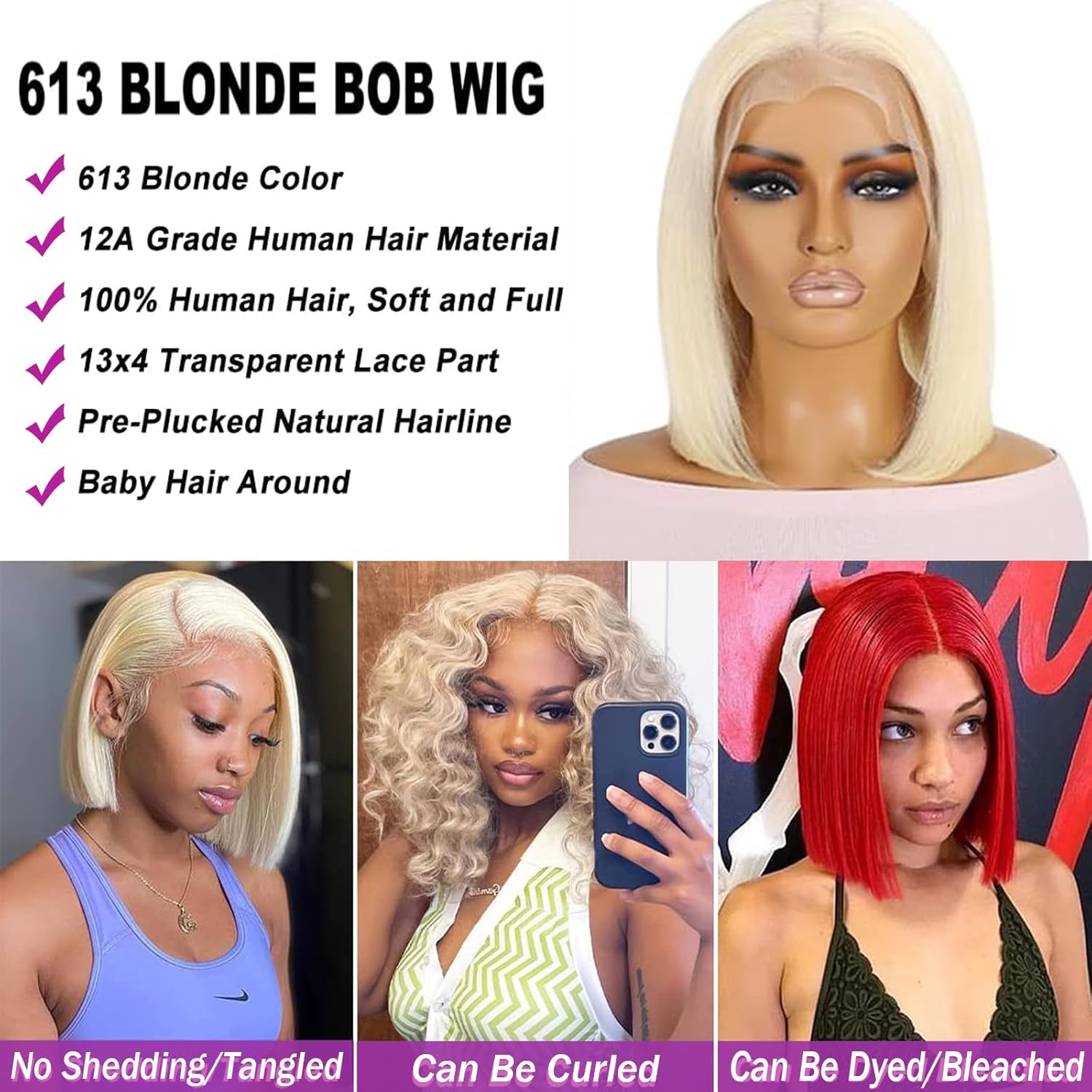 Bob Wig Human Hair Blonde 13X4 Lace Frontal Virgin Human Hair 180% Density Pre Plucked with Baby Hair 14 Inch