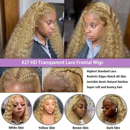 Light Brown 27 Curly Human Hair Wig Lace Frontal Closure Jerry Wave Human Hair Wig Pre Plucked Pre Cut Lace Frontal Closure Glueless Wigs Elastic Band 200% Density