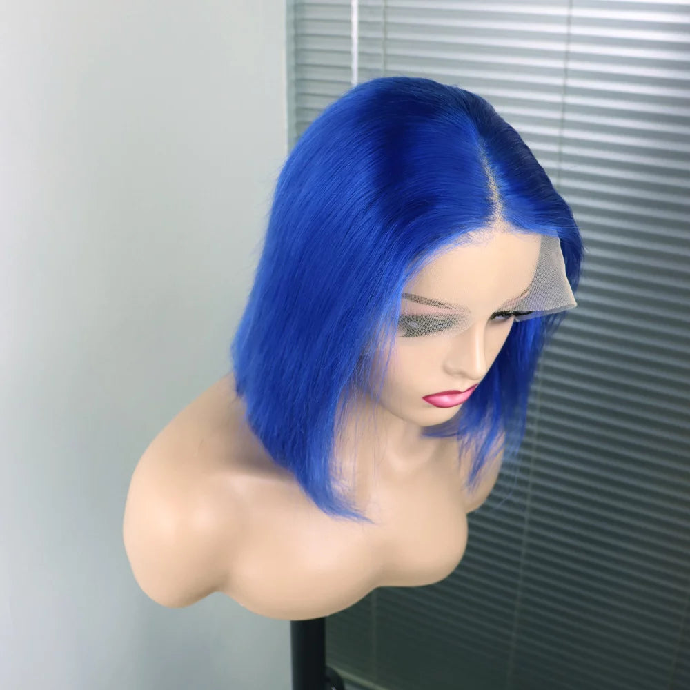 Colored Wigs Blue Bob Wigs Lace Frontal Wigs Human Hair Wigs for Women 13X4 Lace Front Wigs Brazilian Virgin Hair Short Straight Bob Wigs Cosplay