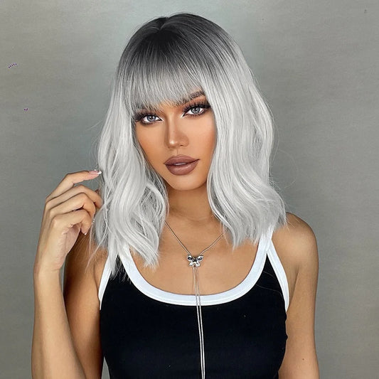 Curly Bob Wig for Women 12Inch Silver Grey Wig with Bangs