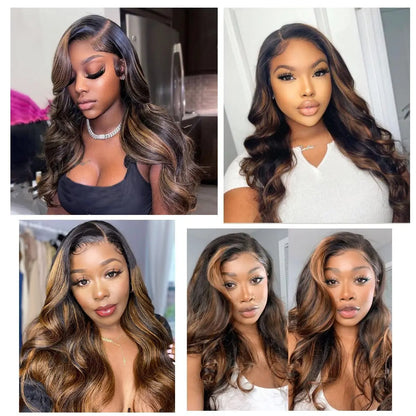 Black Brown Highlight Ombre Lace Front Wig Human Hair Honey Blonde Ombre Lace Front Wig Glueless Body Wave Lace Closure Wigs 4X4 Pre Plucked Bleached Knots for Women Balayage 26 Inch