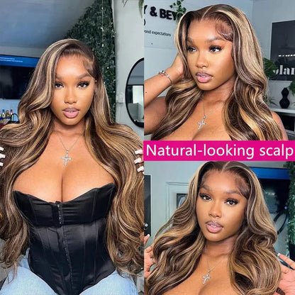 Highlight 13X4 Lace Front Wigs Human Hair Ombre 4/27 Honey Blonde Frontal Wigs Pre Plucked with Baby Hair Body Wave Wigs Human Hair Wigs for Black Women 150% Density Colored 24 Inch