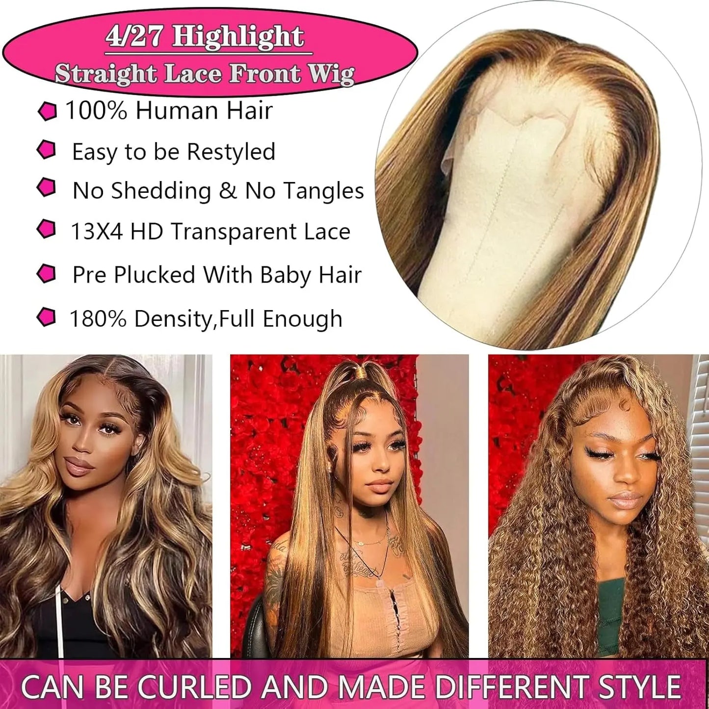 Ombre Lace Front Wig Human Hair 28Inch Highlight 13X4 HD Straight Lace Front Wigs 180% Density 4/27 Colored Honey Blonde HD Lace Frontal Wigs for Women Glueless Pre Plucked with Baby Hair