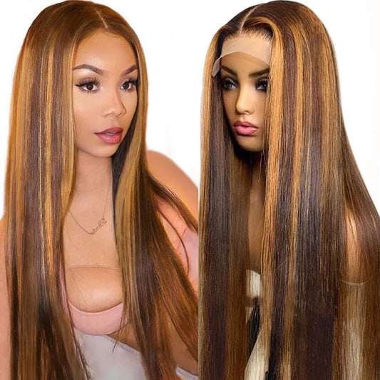 Highlight Ombre Straight Lace Front Wigs Human Hair for Black Women T Part 13X1 Glueless HD Transparent Lace Frontal Human Hair Wigs Pre Plucked 150 Density Colored P427 16Inch