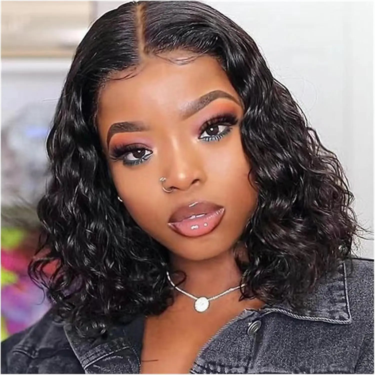 Glue-Free Pre-Cut 4X4 Lace Front Wig Female Human Hair Glue-Free 180% Density Water Bob Wig Beginner Curly Front Wig (14 ")