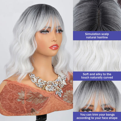 Curly Bob Wig for Women 12Inch Silver Grey Wig with Bangs