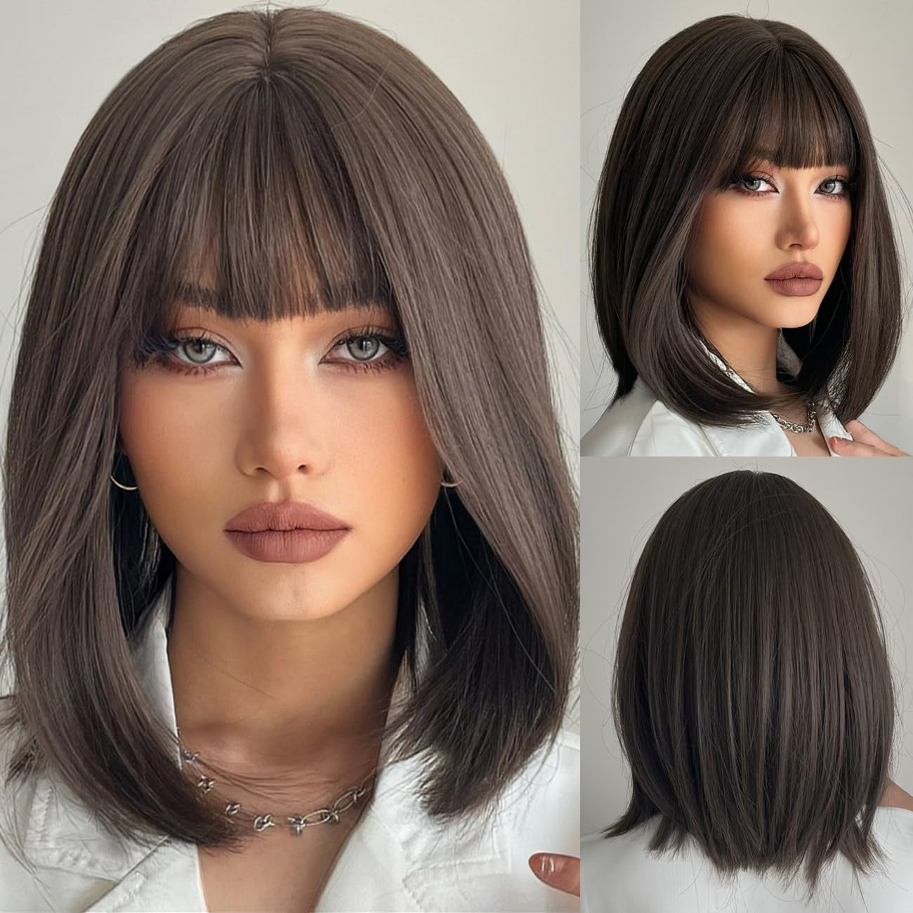 Bob Black Brown Wig with Bangs Natural Short Straight Wigs for Women Shoulder Length Synthetic Wigs for Daily Cosplay