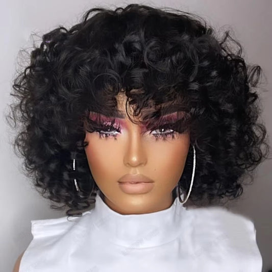 Afro Rose Curly Funmi Wigs with Bang Short Bouncy Curly Bob Wig with Bangs Machine Made Rose Curl Human Hair Wig for Black Women