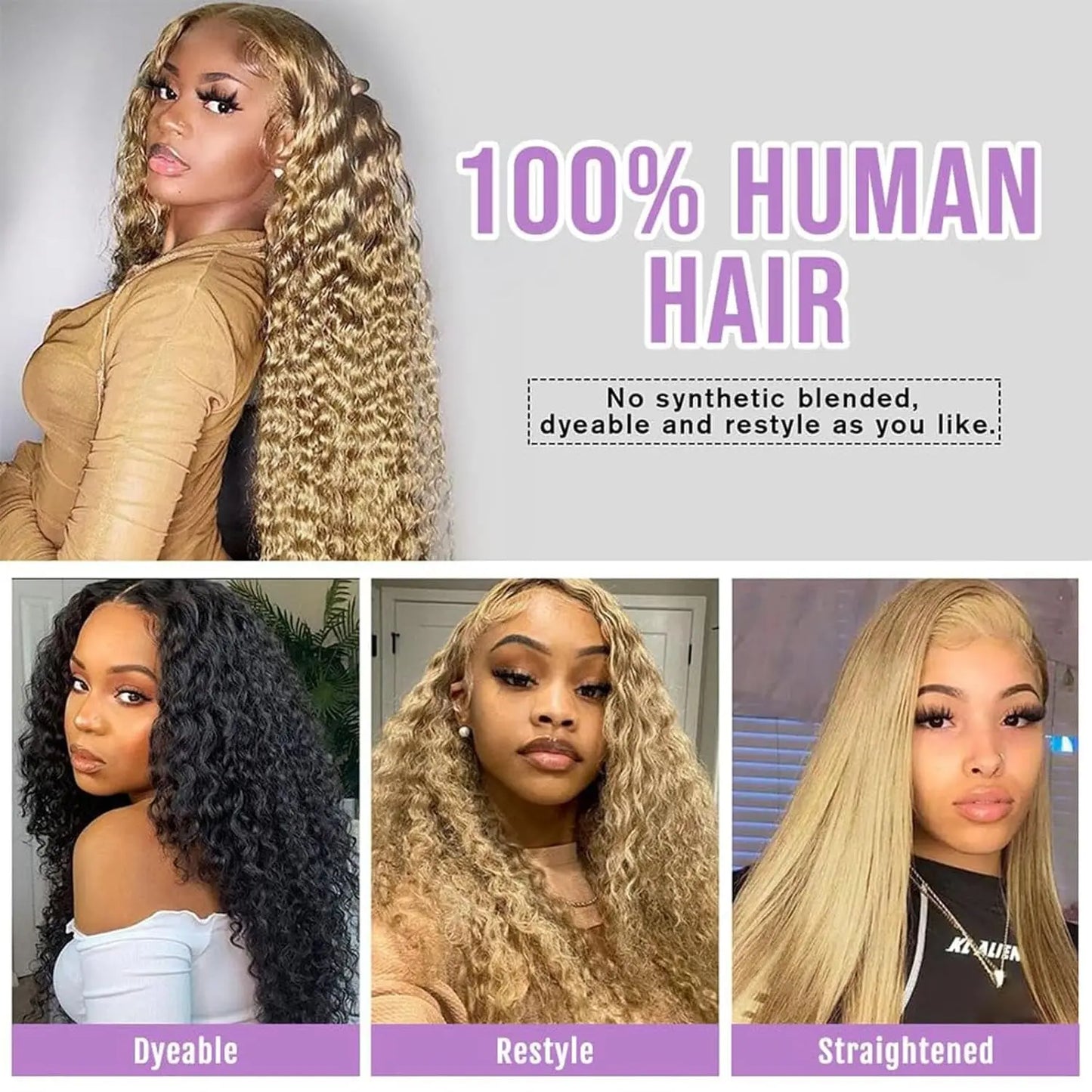 Light Brown 27 Curly Human Hair Wig Lace Frontal Closure Jerry Wave Human Hair Wig Pre Plucked Pre Cut Lace Frontal Closure Glueless Wigs Elastic Band 200% Density