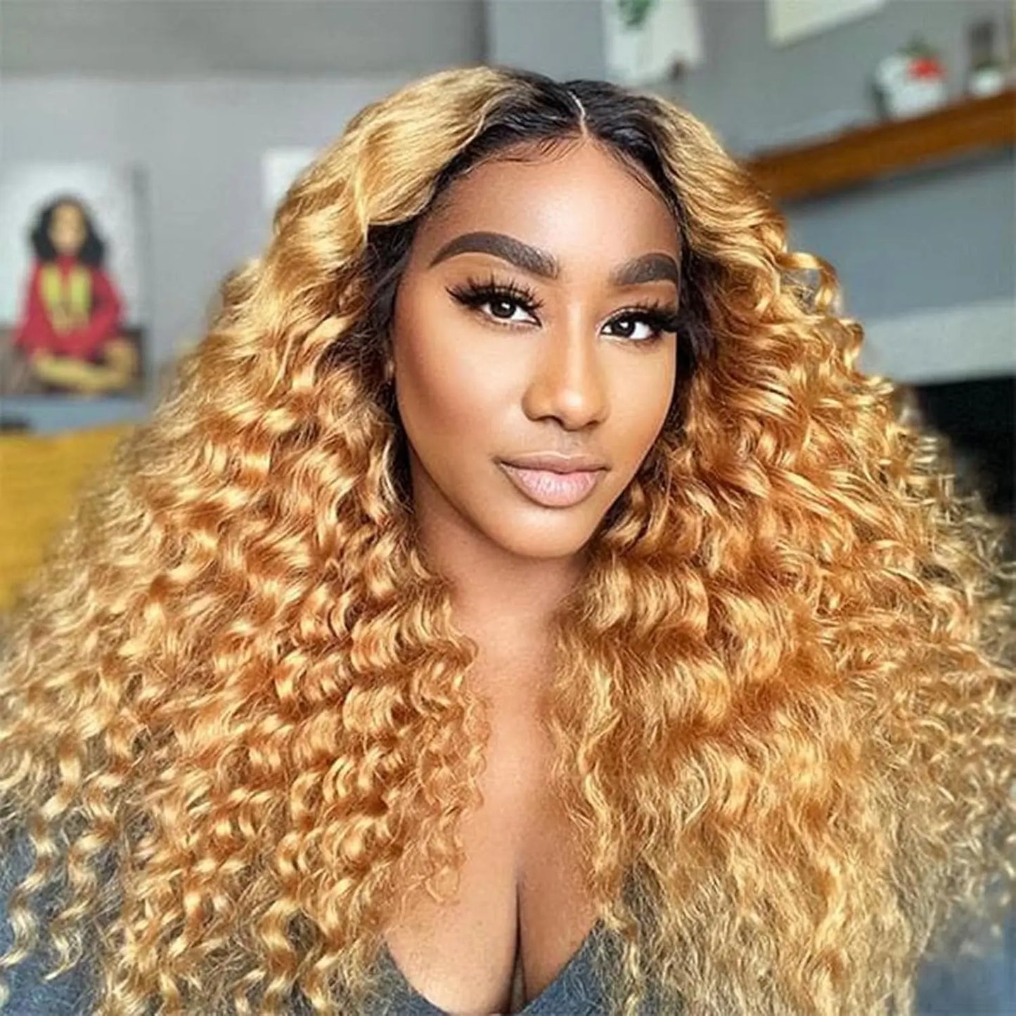 Omber Brown 27 Deep Wave Lace Front Wigs Human Hair Colored Lace Frontal Wig for Women 4X4 HD Lace Blonde Curly Wig Human Hair Pre Plucked with Baby Hair 200% Density