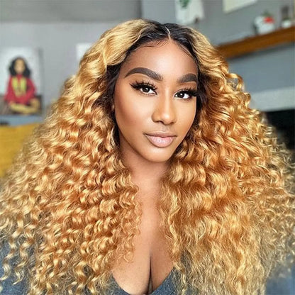 Omber Brown 27 Deep Wave Lace Front Wigs Human Hair Colored Lace Frontal Wig for Women 4X4 HD Lace Blonde Curly Wig Human Hair Pre Plucked with Baby Hair 200% Density