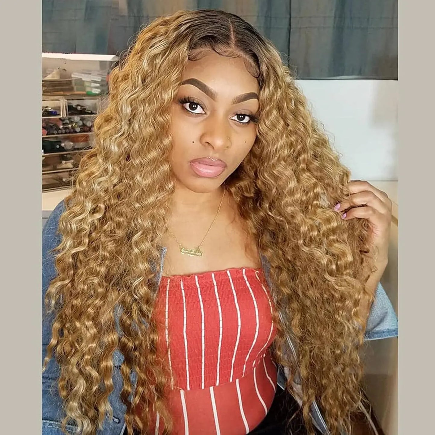 Omber Brown 27 Deep Wave Lace Front Wigs Human Hair Colored Lace Frontal Wig for Women 4X4 HD Lace Blonde Curly Wig Human Hair Pre Plucked with Baby Hair 200% Density