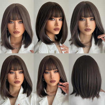 Bob Black Brown Wig with Bangs Natural Short Straight Wigs for Women Shoulder Length Synthetic Wigs for Daily Cosplay